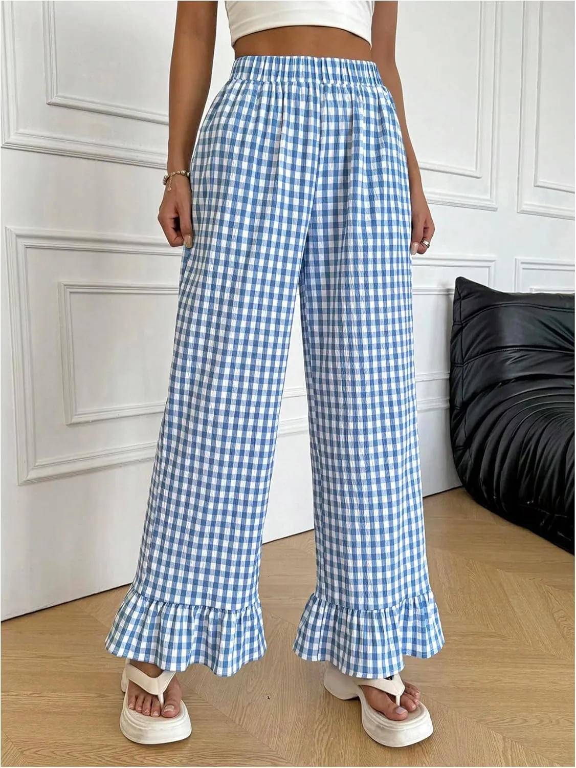 MakeMeChic Women's Y2K Gingham Wide Leg Pants Elastic Waist Ruffle Hem Loose Trousers Loungewear