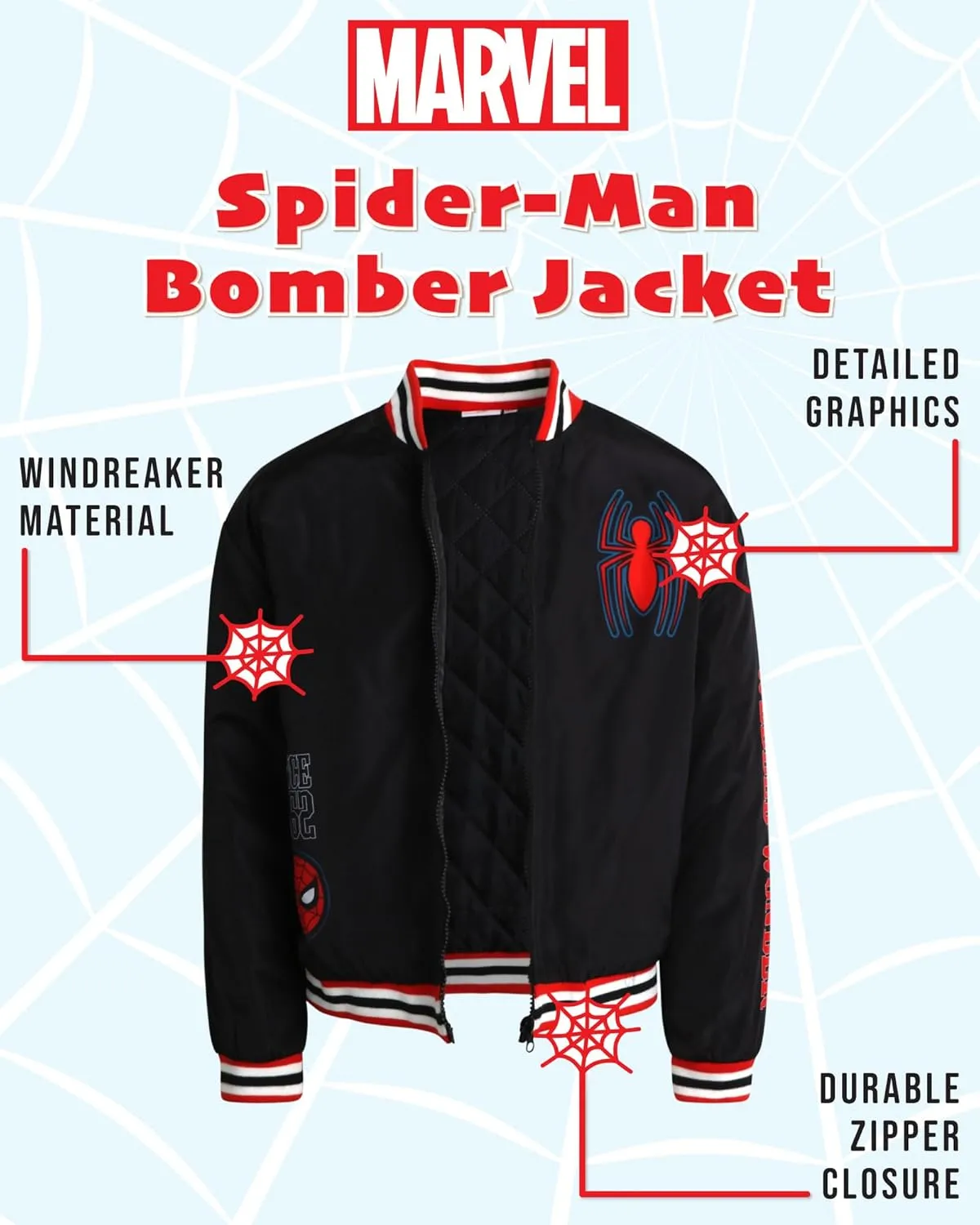 Marvel Boys' Bomber Jacket - Spider-Man and Avengers Full Zip Bomber Jacket for Boys with Quilted Interior Lining (4-16)