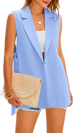 MASCOMODA Womens Fashion 2025 Sleeveless Blazer Vest Spring Casual Open Front Lapel V Neck Office Waistcoat Long Vests