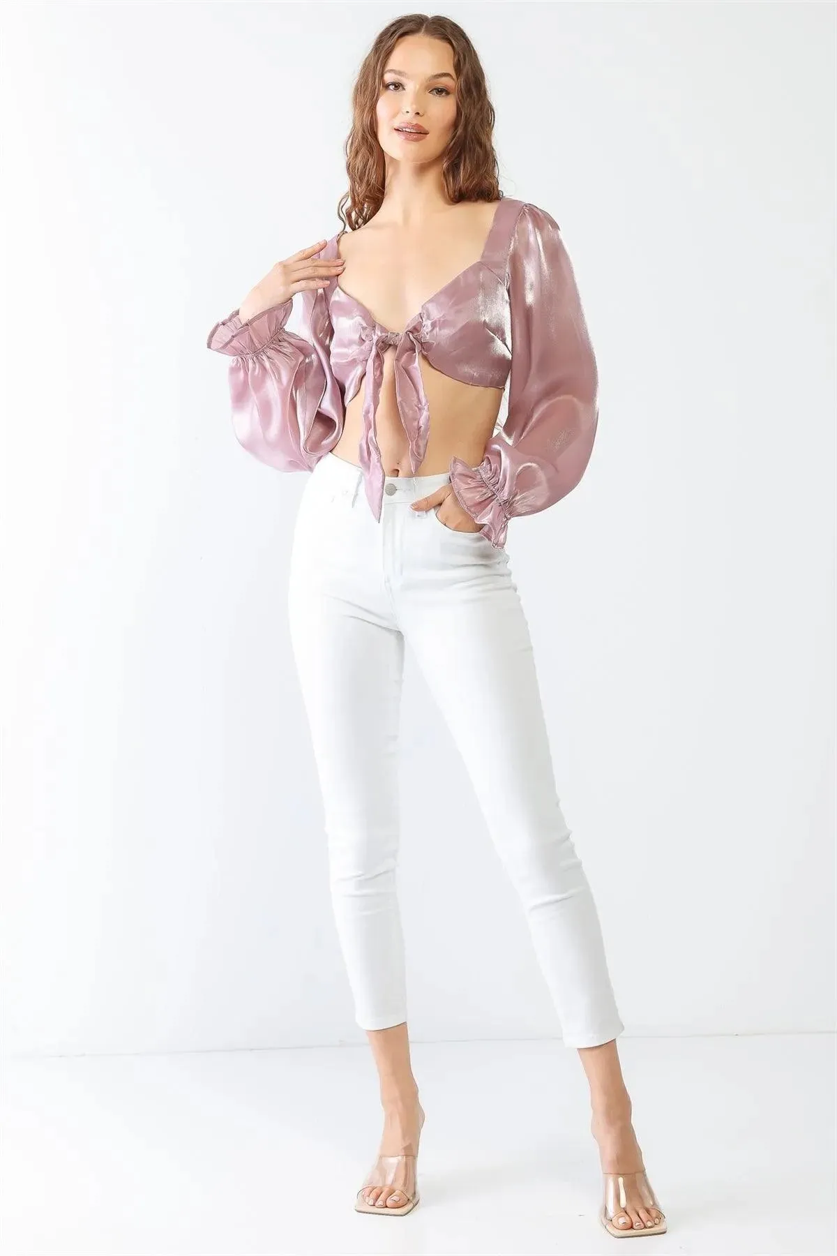 Mauve Shiny Organza Heart Shape Neck Puff Balloon Long Sleeve Back Criss-Cross Crop Top /1-2-2-1