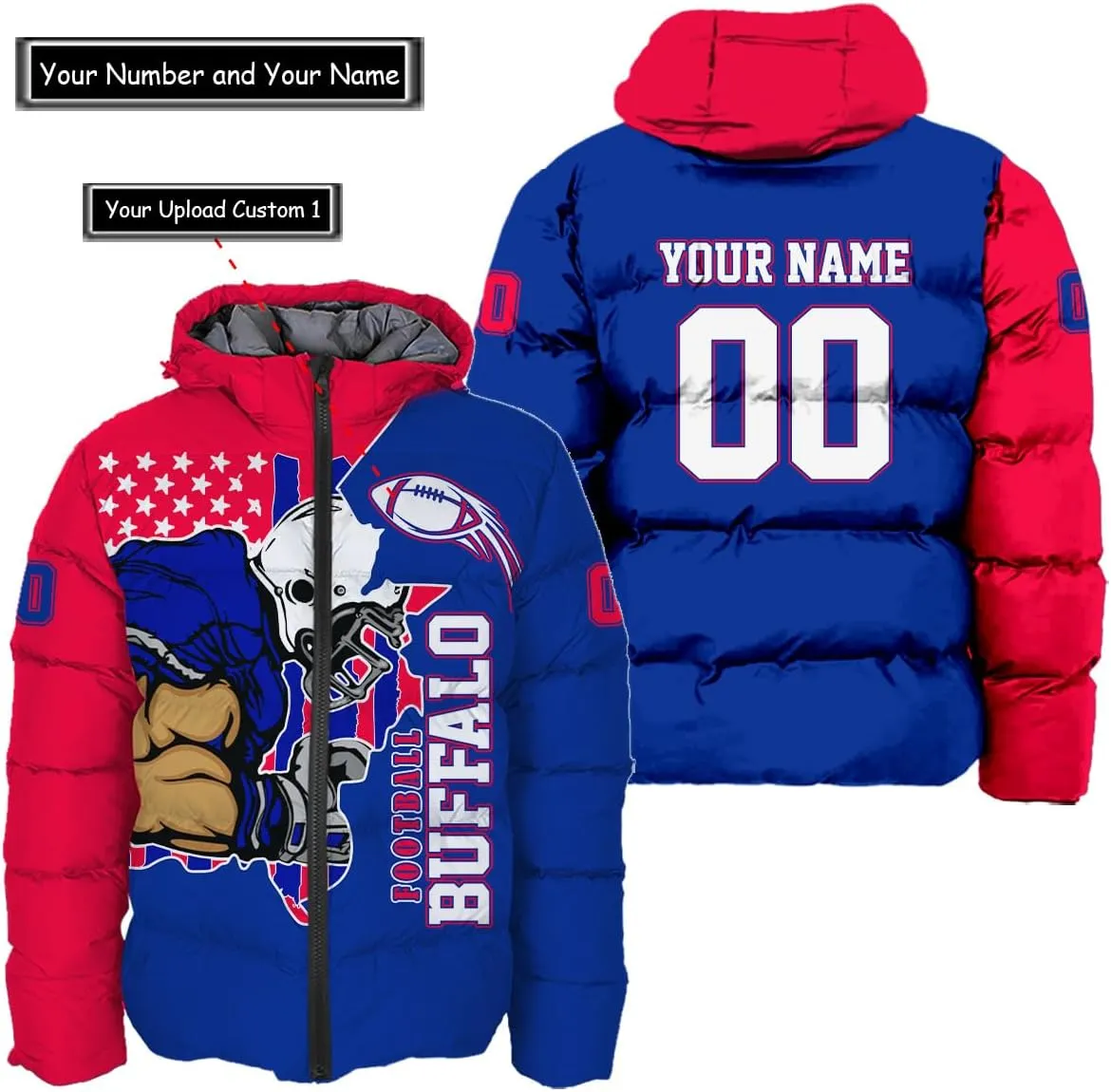 Men Football Custom Puffer Coat Add Any Name Number Lightweight Water-Resistant Winter Windproof Zipper Down Jacket S-5XL