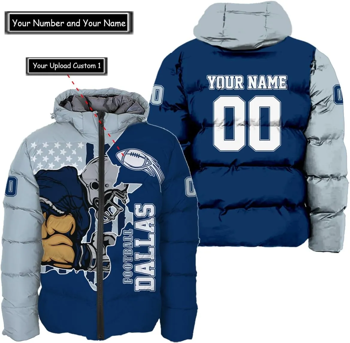 Men Football Custom Puffer Coat Add Any Name Number Lightweight Water-Resistant Winter Windproof Zipper Down Jacket S-5XL