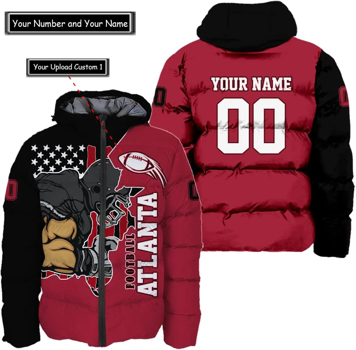 Men Football Custom Puffer Coat Add Any Name Number Lightweight Water-Resistant Winter Windproof Zipper Down Jacket S-5XL