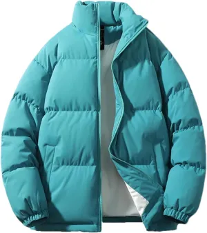 Men Solid Color Stand Collar Pockets Cotton-Padded Classic Thicken Oversized Zipper Parka Coat