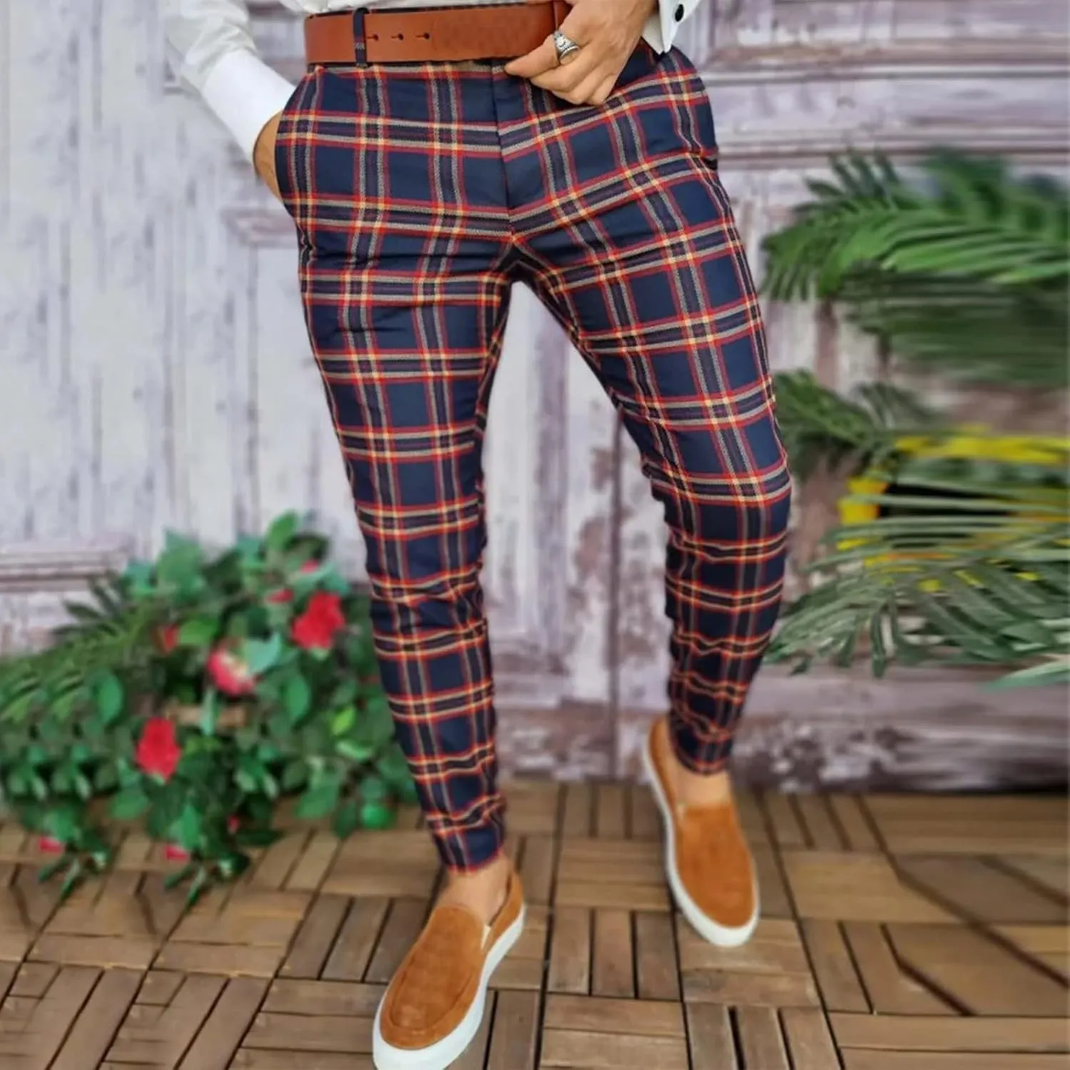 Mens Casual Plaid Pants Fashion Retro Tapered Stretch Slim Fit Business Dress Chino Pants Formal Lightweight Pants