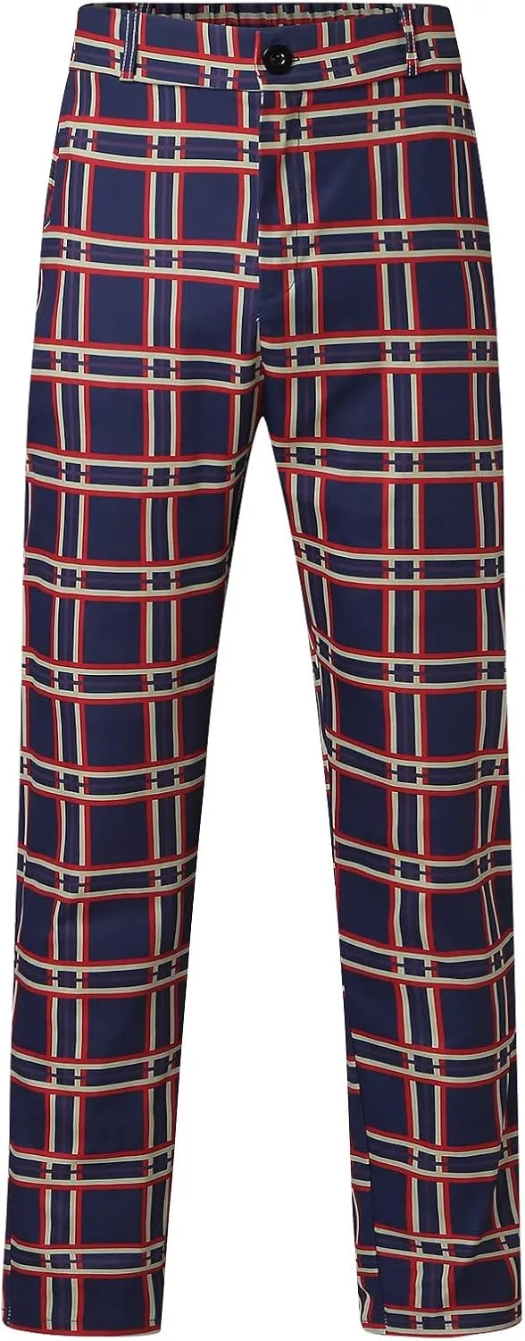 Mens Casual Plaid Pants Fashion Retro Tapered Stretch Slim Fit Business Dress Chino Pants Formal Lightweight Pants