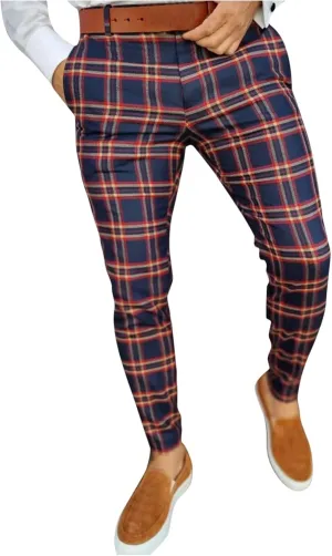 Mens Casual Plaid Pants Fashion Retro Tapered Stretch Slim Fit Business Dress Chino Pants Formal Lightweight Pants