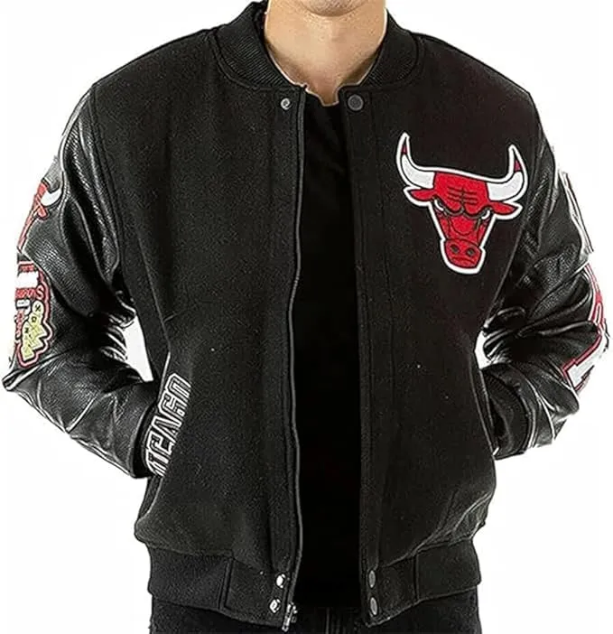 Men's Chicago Vintage Baseball Game Letterman Bull Black Wool & Leather Jacket