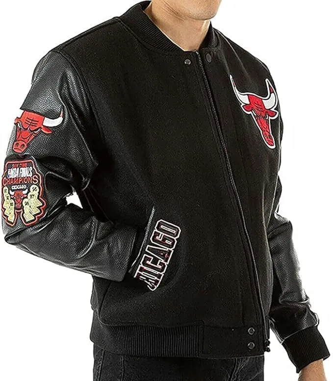 Men's Chicago Vintage Baseball Game Letterman Bull Black Wool & Leather Jacket