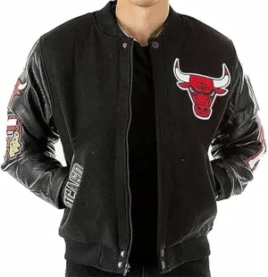 Men's Chicago Vintage Baseball Game Letterman Bull Black Wool & Leather Jacket