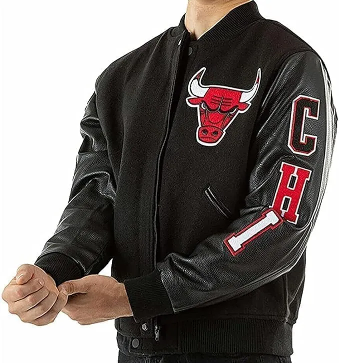 Men's Chicago Vintage Baseball Game Letterman Bull Black Wool & Leather Jacket