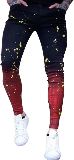 Mens Chinos Slim Fit Stretch Flat-Front Skinny Denim Pants Casual Tye Die Printed Slacks Tapered Trousers Pencil Jeans