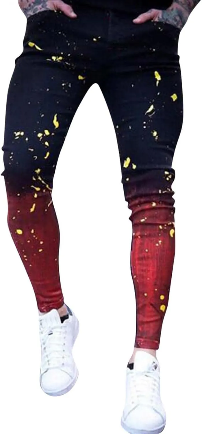 Mens Chinos Slim Fit Stretch Flat-Front Skinny Denim Pants Casual Tye Die Printed Slacks Tapered Trousers Pencil Jeans