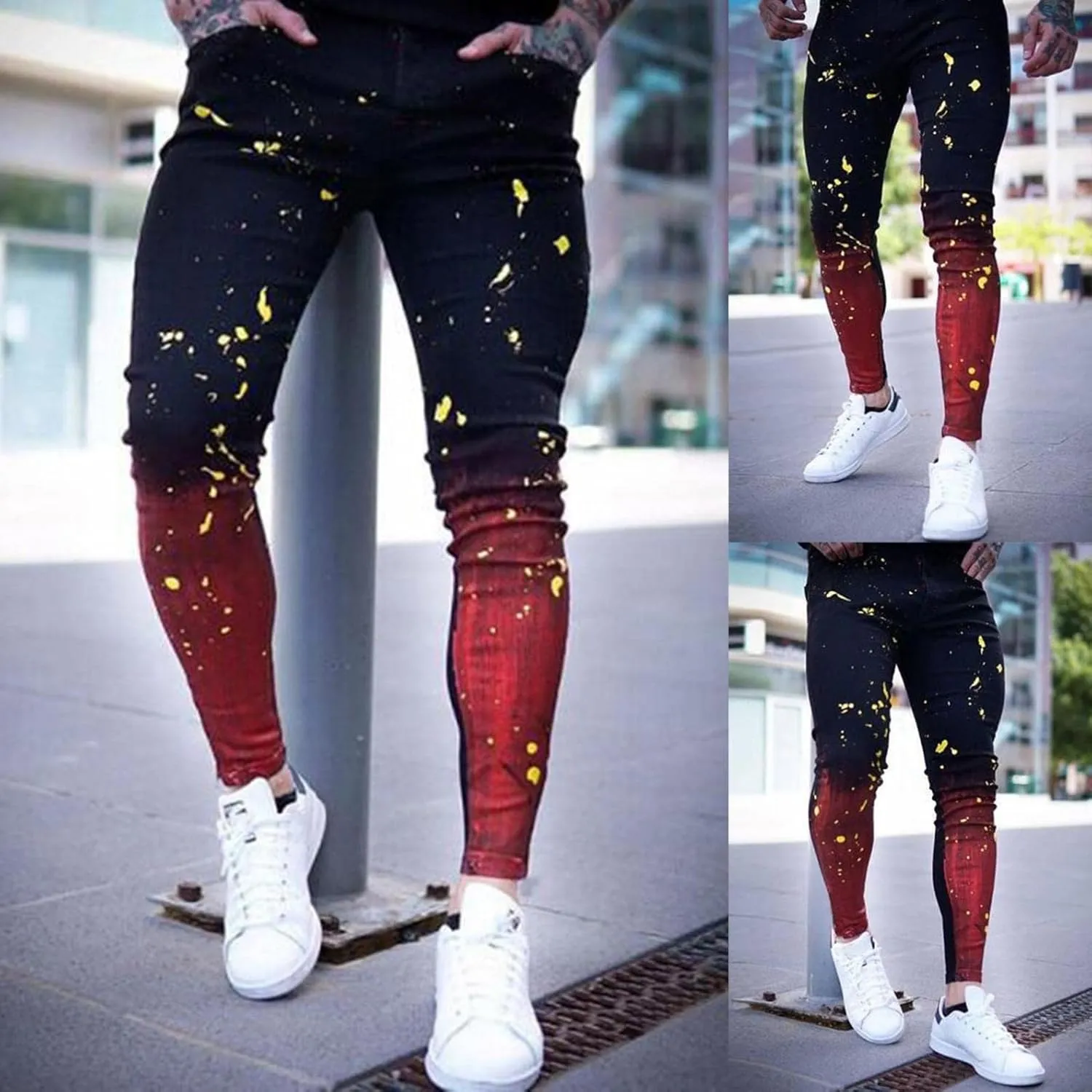 Mens Chinos Slim Fit Stretch Flat-Front Skinny Denim Pants Casual Tye Die Printed Slacks Tapered Trousers Pencil Jeans