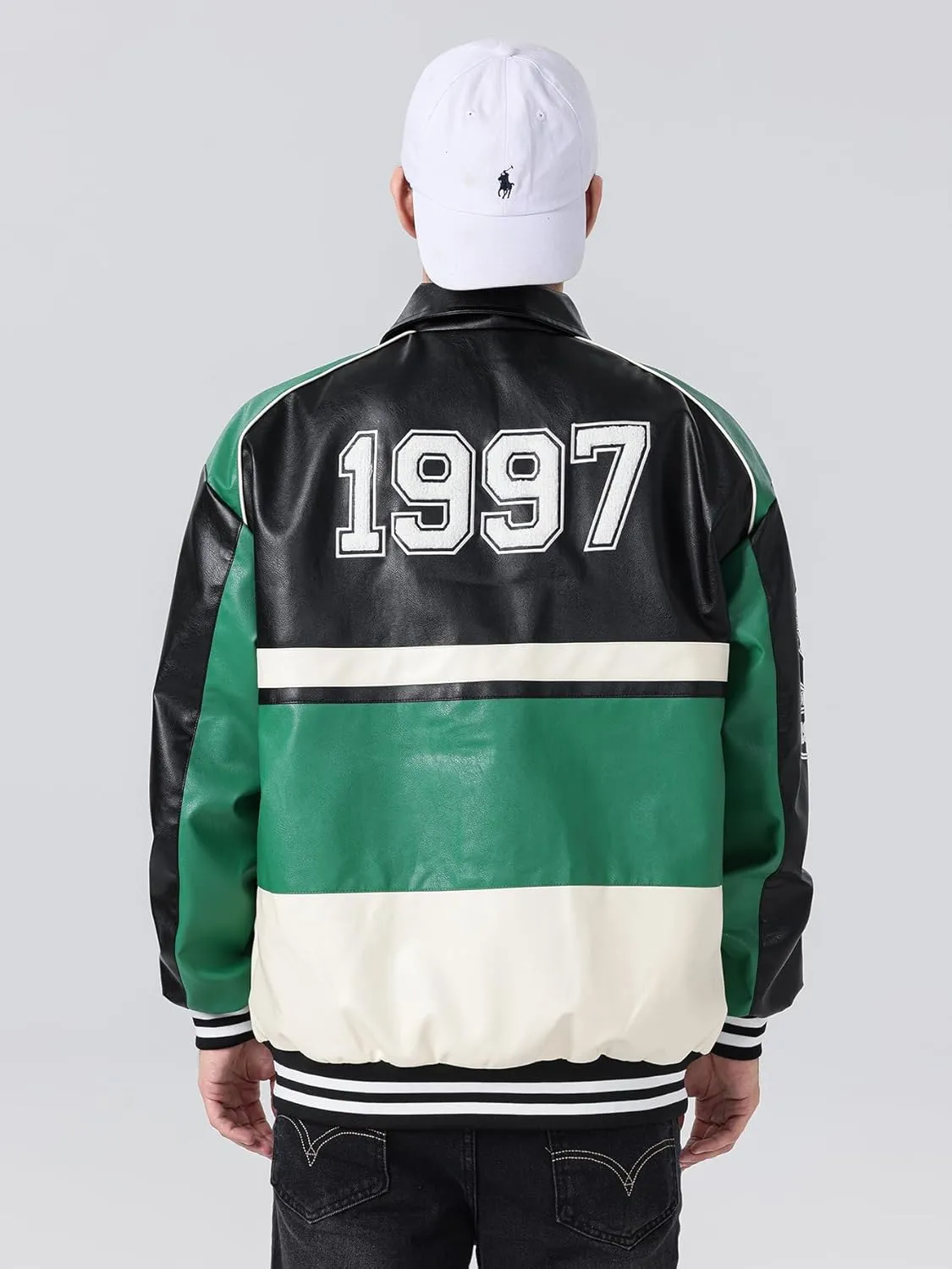 Mens Faux Leather Varsity Jacket Vintage Racing Motorcycle Graphic Bomber Jackets Loose Streetwear Jacket