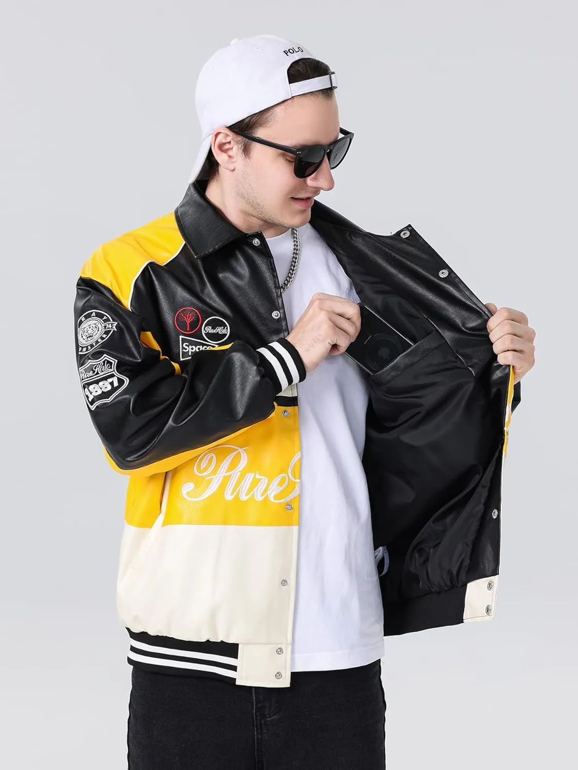 Mens Faux Leather Varsity Jacket Vintage Racing Motorcycle Graphic Bomber Jackets Loose Streetwear Jacket