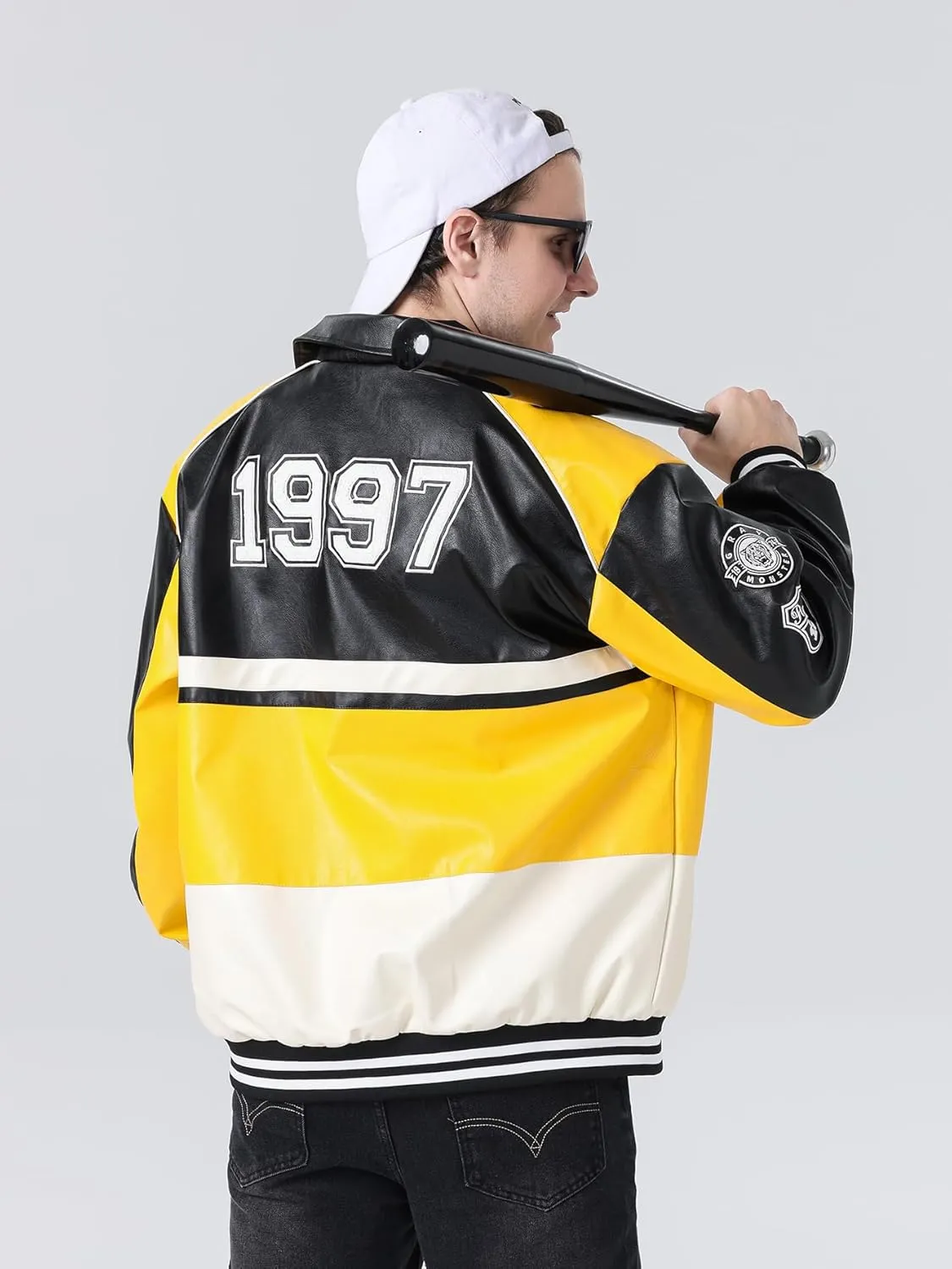 Mens Faux Leather Varsity Jacket Vintage Racing Motorcycle Graphic Bomber Jackets Loose Streetwear Jacket