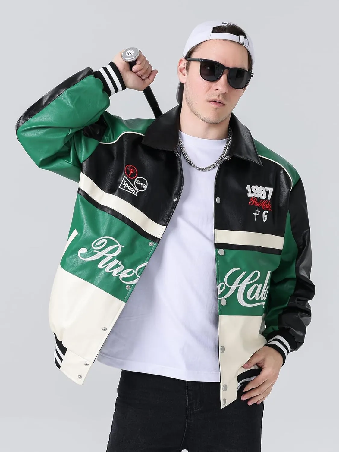 Mens Faux Leather Varsity Jacket Vintage Racing Motorcycle Graphic Bomber Jackets Loose Streetwear Jacket