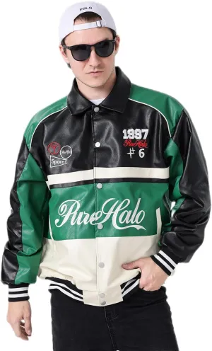 Mens Faux Leather Varsity Jacket Vintage Racing Motorcycle Graphic Bomber Jackets Loose Streetwear Jacket