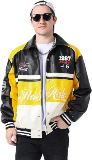 Mens Faux Leather Varsity Jacket Vintage Racing Motorcycle Graphic Bomber Jackets Loose Streetwear Jacket