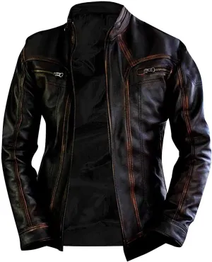 Men's Retro Distressed Motorcycle Leather Jacket - Vintage Cafe Racer Biker Leather Jacket For Men