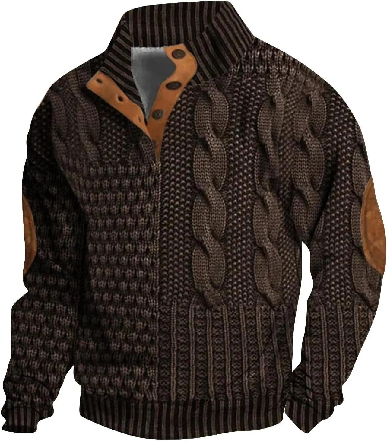 Men's Vintage Knit Print Zip-Up Sweatshirt Casual Long Sleeve Stand Collar Button Pullover Sweatshirts