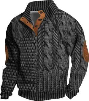 Men's Vintage Knit Print Zip-Up Sweatshirt Casual Long Sleeve Stand Collar Button Pullover Sweatshirts