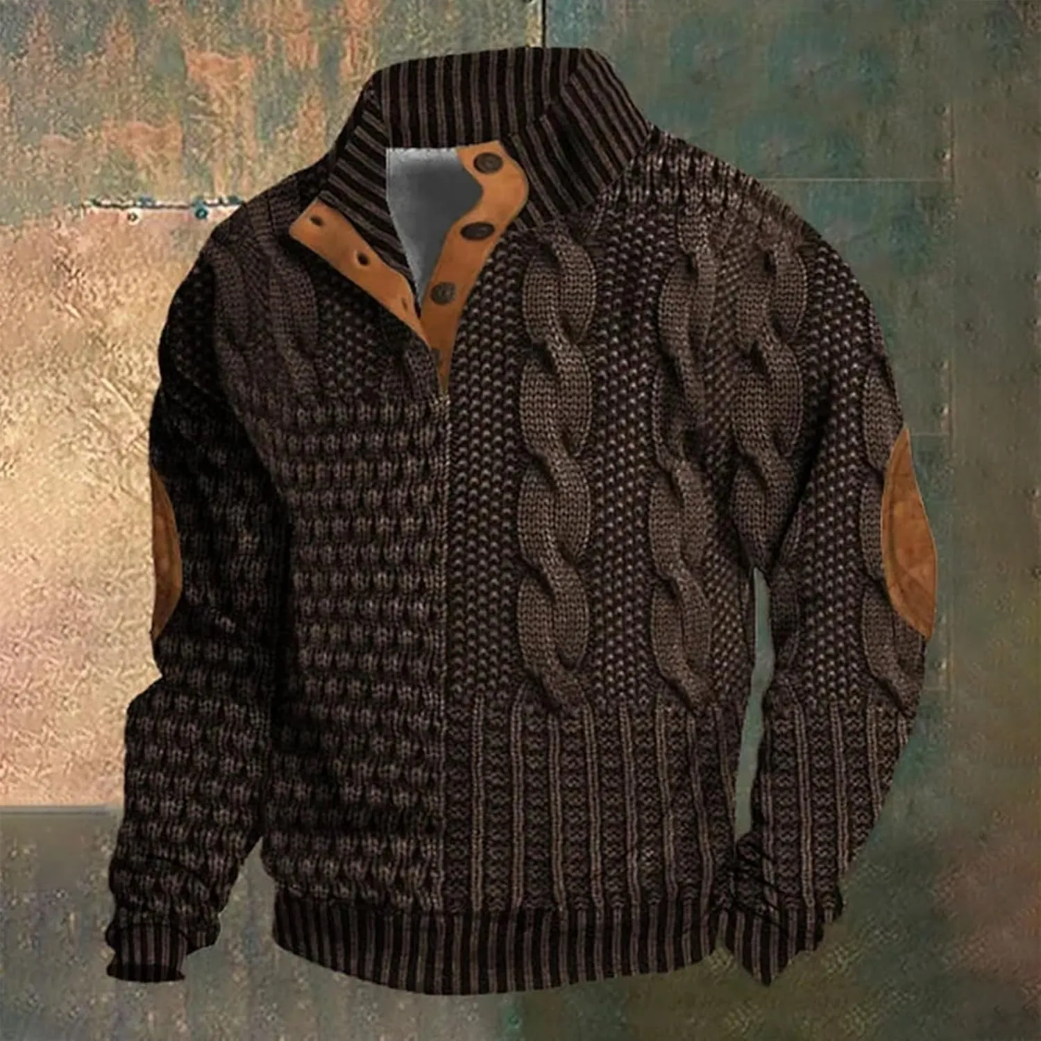Men's Vintage Knit Print Zip-Up Sweatshirt Casual Long Sleeve Stand Collar Button Pullover Sweatshirts