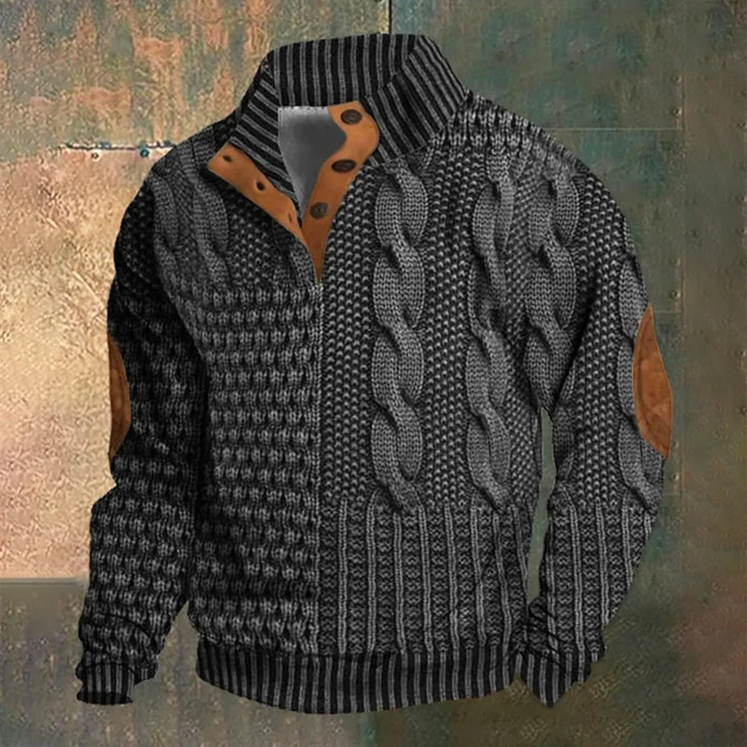 Men's Vintage Knit Print Zip-Up Sweatshirt Casual Long Sleeve Stand Collar Button Pullover Sweatshirts