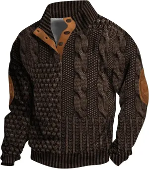 Men's Vintage Knit Print Zip-Up Sweatshirt Casual Long Sleeve Stand Collar Button Pullover Sweatshirts