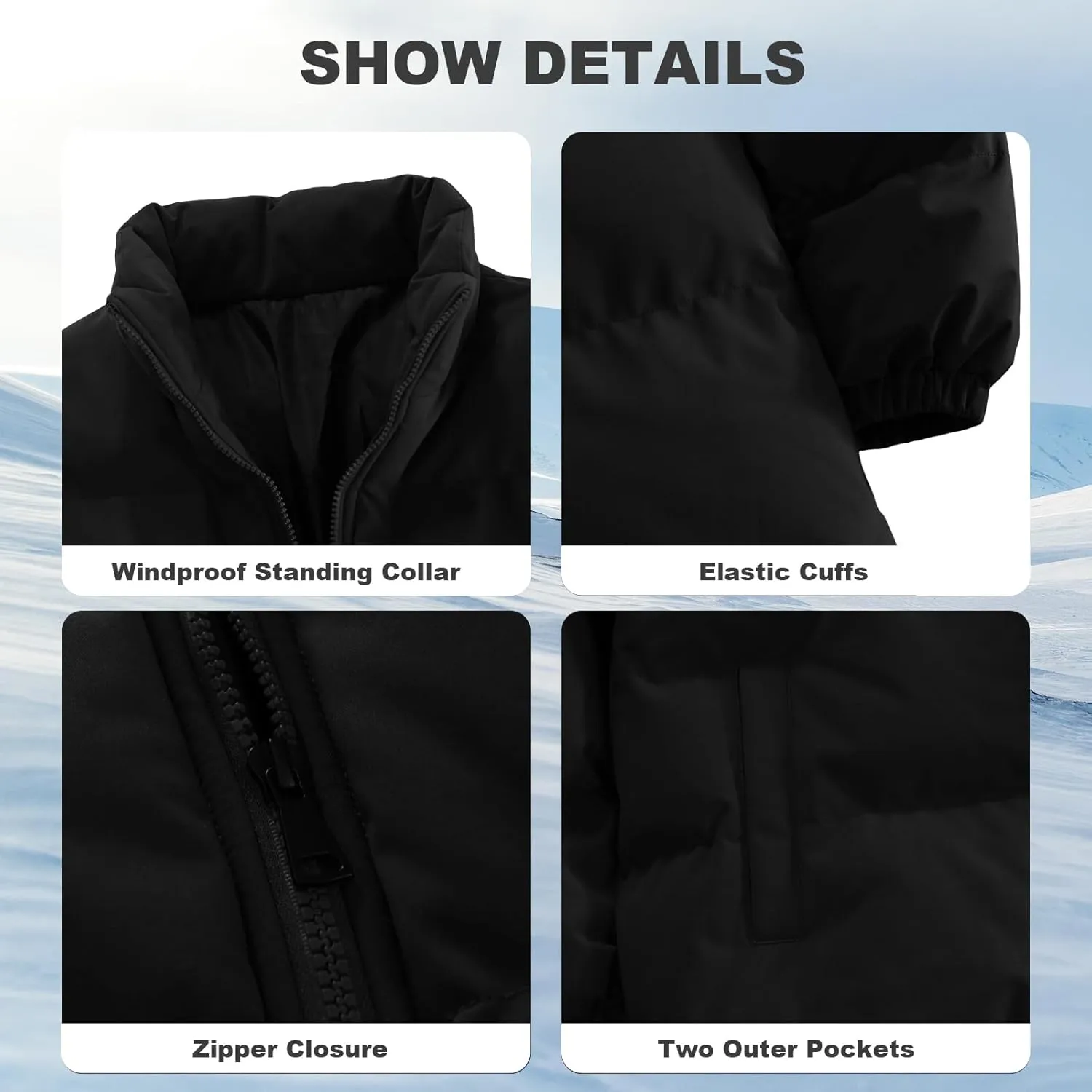 Mens Winter Padded Jacket Puffer Windproof Jacket Full Zipper Outerwear Coat