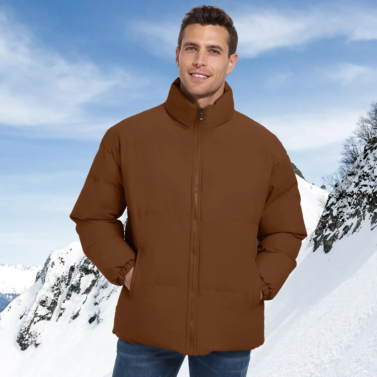 Mens Winter Padded Jacket Puffer Windproof Jacket Full Zipper Outerwear Coat