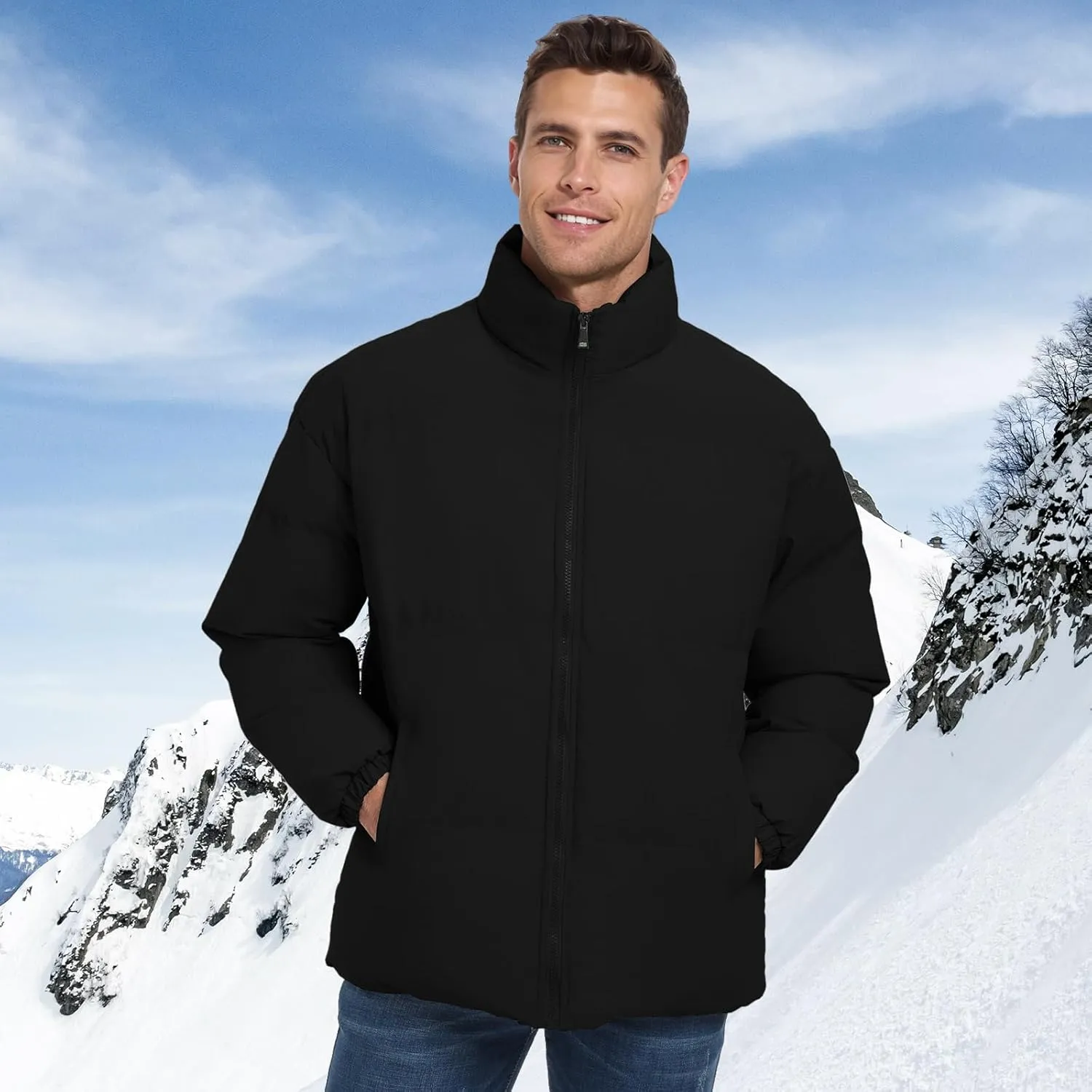 Mens Winter Padded Jacket Puffer Windproof Jacket Full Zipper Outerwear Coat