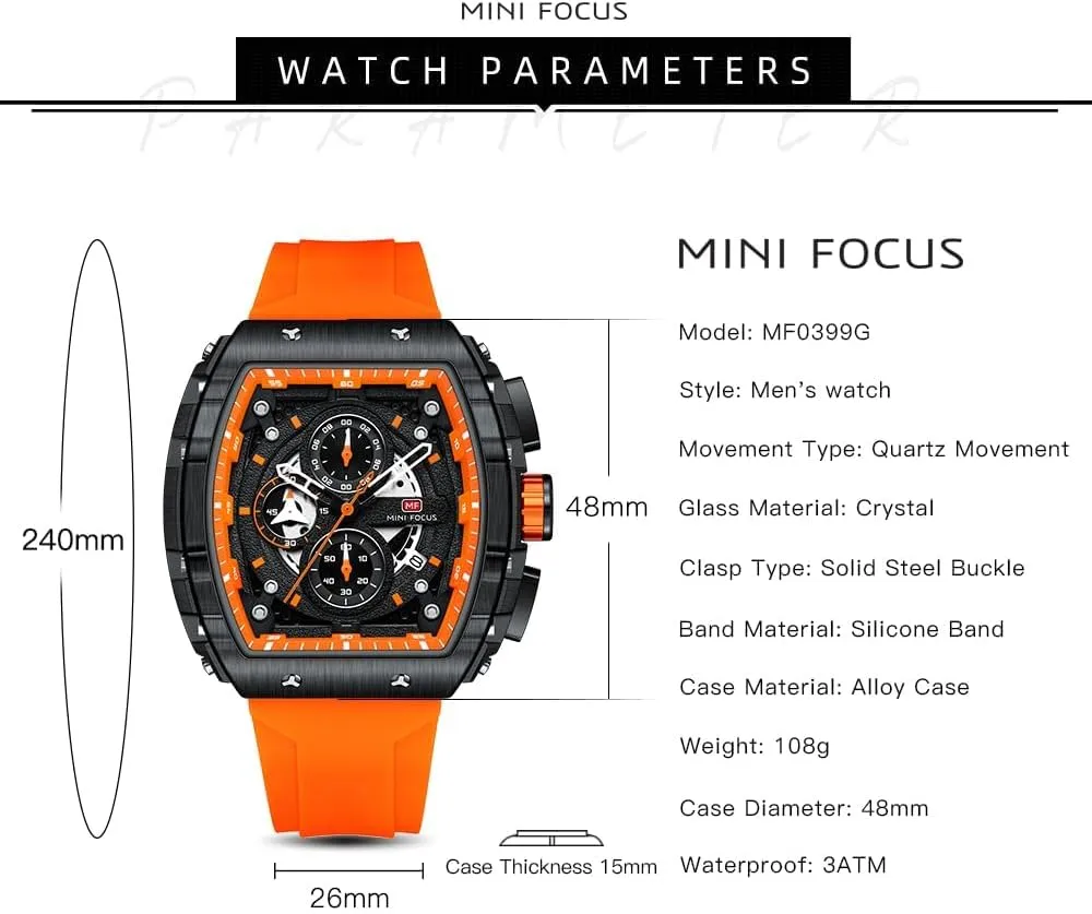 MF MINI FOCUS Men's Watch Fashion Tonneau Wrist Watches (Chronograph/Waterproof/Luminous/Calendar) Silicon Strap Quartz Watch for Men