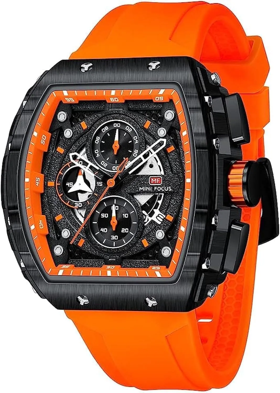 MF MINI FOCUS Men's Watch Fashion Tonneau Wrist Watches (Chronograph/Waterproof/Luminous/Calendar) Silicon Strap Quartz Watch for Men