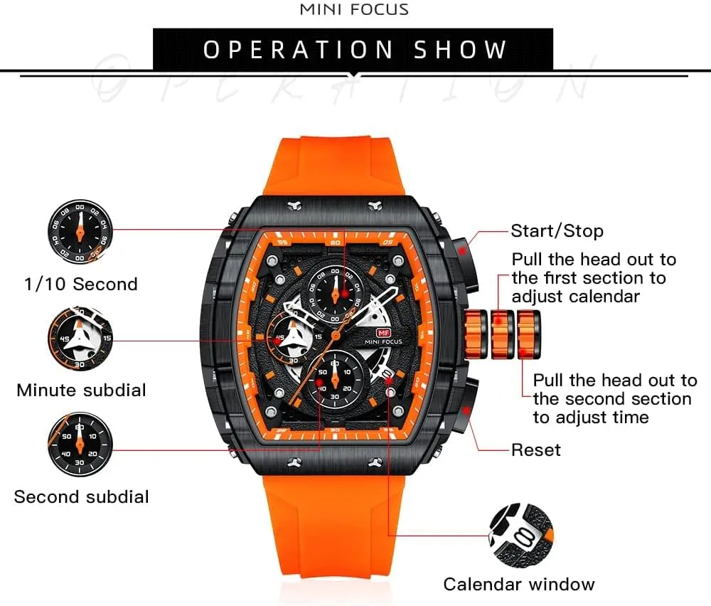 MF MINI FOCUS Men's Watch Fashion Tonneau Wrist Watches (Chronograph/Waterproof/Luminous/Calendar) Silicon Strap Quartz Watch for Men