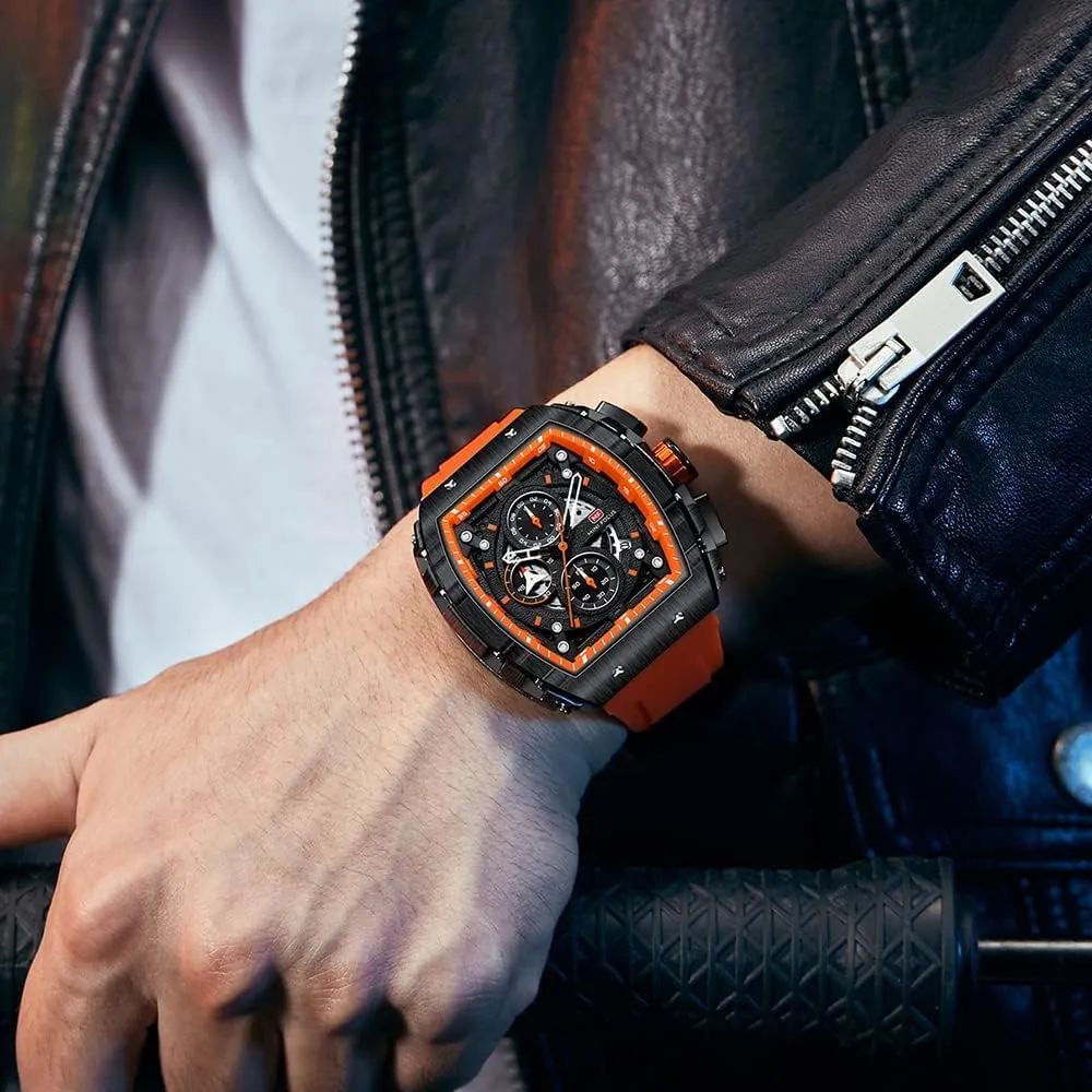 MF MINI FOCUS Men's Watch Fashion Tonneau Wrist Watches (Chronograph/Waterproof/Luminous/Calendar) Silicon Strap Quartz Watch for Men