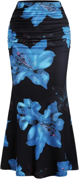 Milumia Women's Vintage Floral Print Skirt Ruched Fishtail Summer Vacation Maxi Skirts