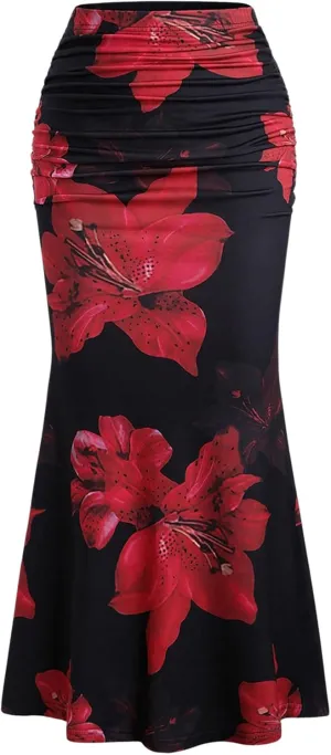 Milumia Women's Vintage Floral Print Skirt Ruched Fishtail Summer Vacation Maxi Skirts