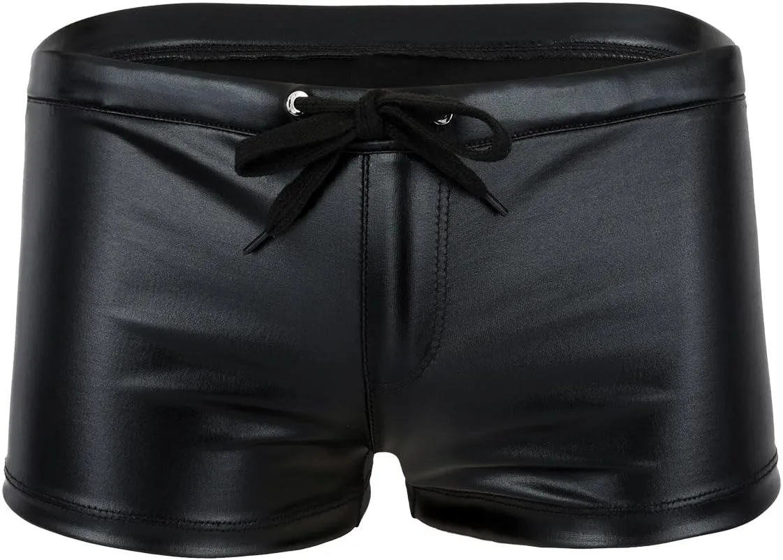 Mufeng Men's Wetlook Metallic Leather Boxer Briefs Drawstring Bikini Underwear Swim Trunks Beachwear