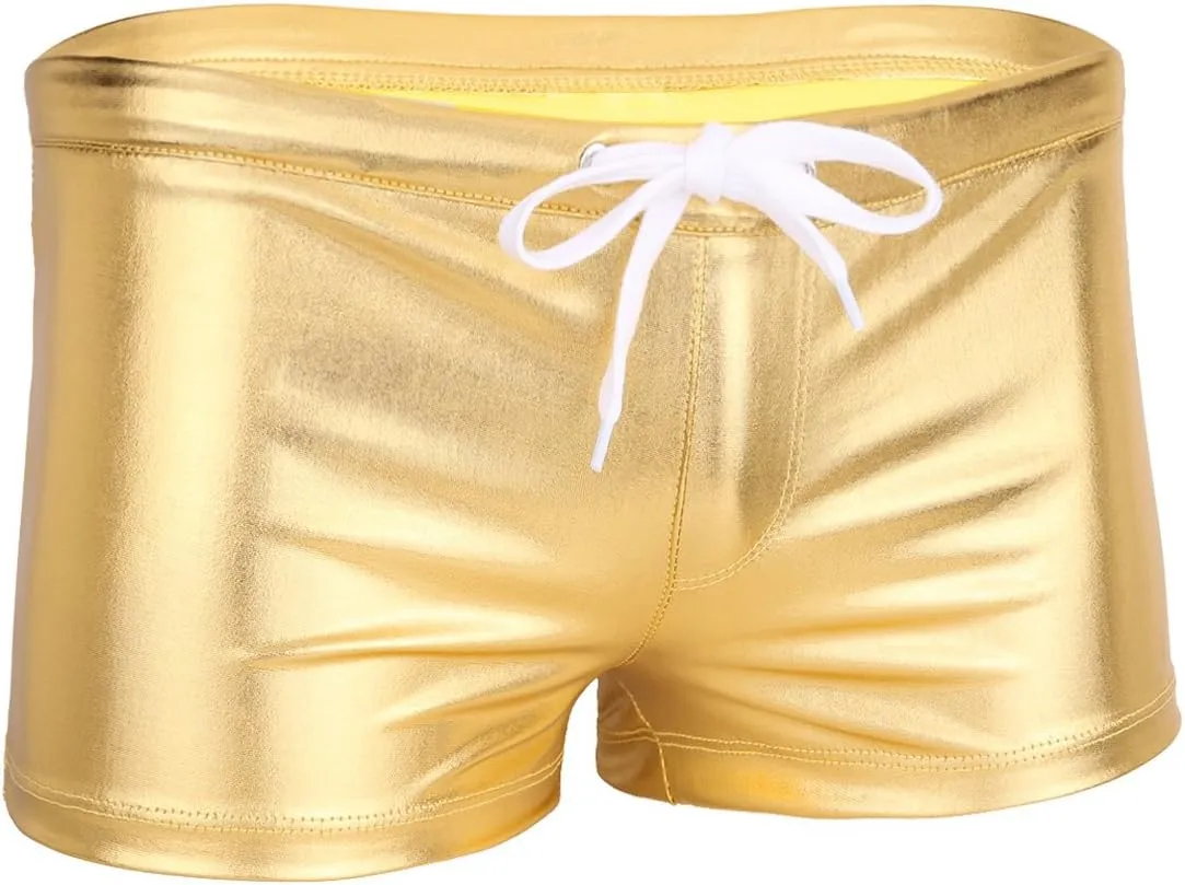 Mufeng Men's Wetlook Metallic Leather Boxer Briefs Drawstring Bikini Underwear Swim Trunks Beachwear