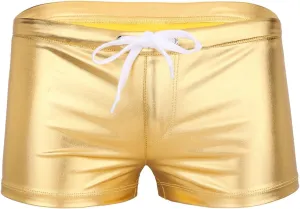 Mufeng Men's Wetlook Metallic Leather Boxer Briefs Drawstring Bikini Underwear Swim Trunks Beachwear
