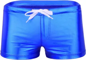 Mufeng Men's Wetlook Metallic Leather Boxer Briefs Drawstring Bikini Underwear Swim Trunks Beachwear