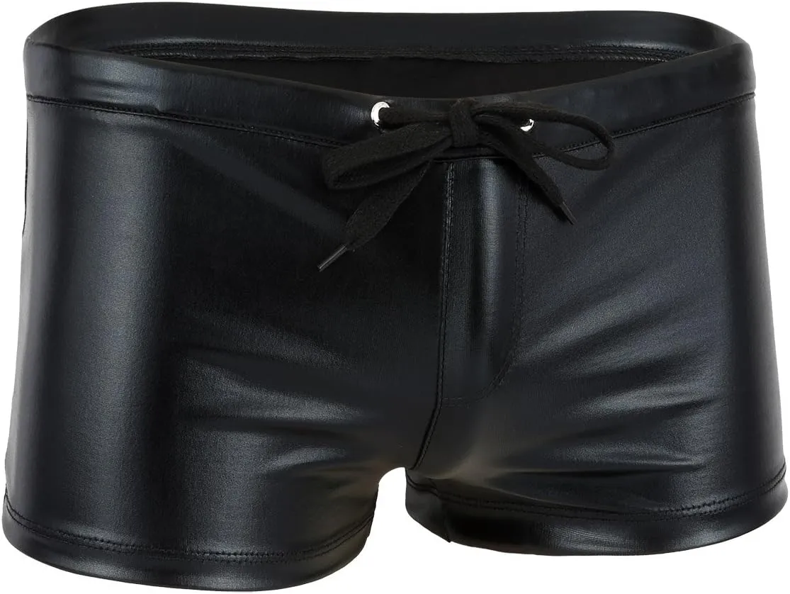 Mufeng Men's Wetlook Metallic Leather Boxer Briefs Drawstring Bikini Underwear Swim Trunks Beachwear