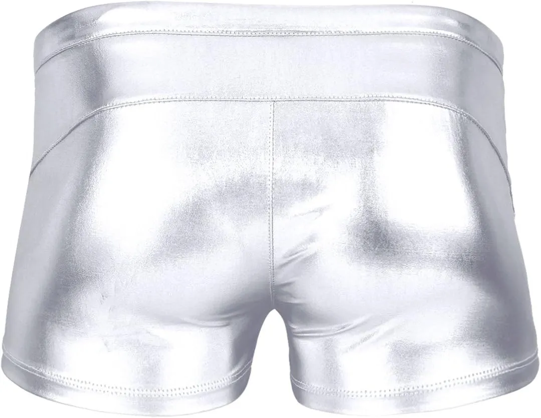 Mufeng Men's Wetlook Metallic Leather Boxer Briefs Drawstring Bikini Underwear Swim Trunks Beachwear