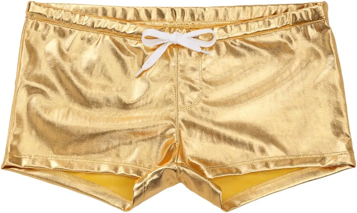 Mufeng Men's Wetlook Metallic Leather Boxer Briefs Drawstring Bikini Underwear Swim Trunks Beachwear