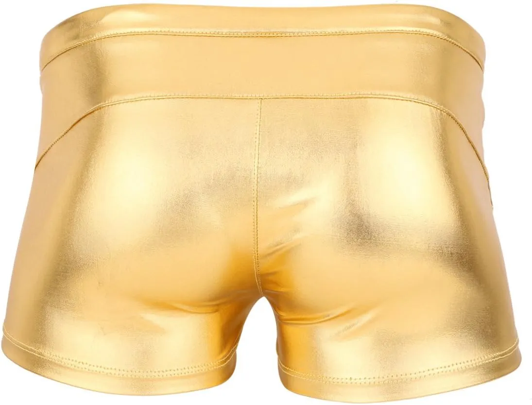 Mufeng Men's Wetlook Metallic Leather Boxer Briefs Drawstring Bikini Underwear Swim Trunks Beachwear