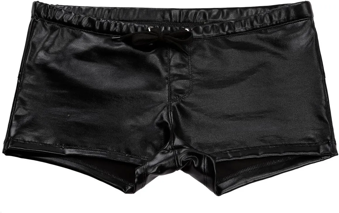 Mufeng Men's Wetlook Metallic Leather Boxer Briefs Drawstring Bikini Underwear Swim Trunks Beachwear