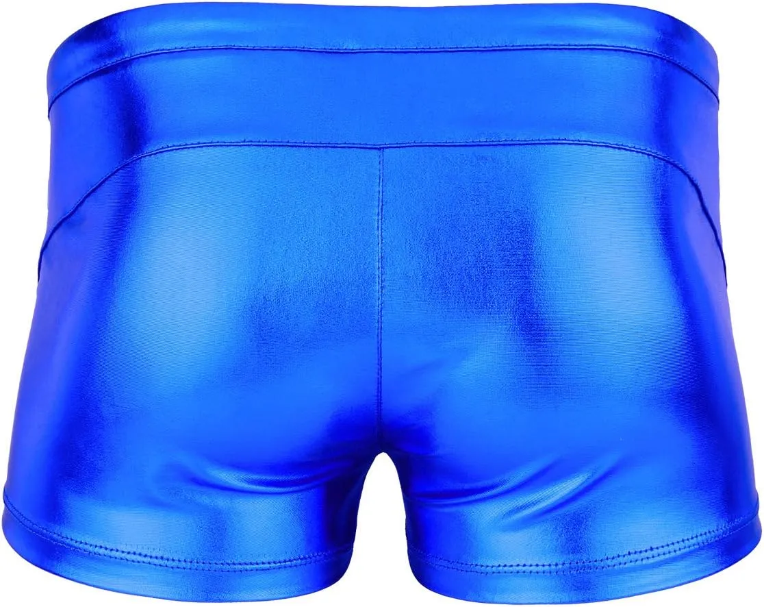 Mufeng Men's Wetlook Metallic Leather Boxer Briefs Drawstring Bikini Underwear Swim Trunks Beachwear