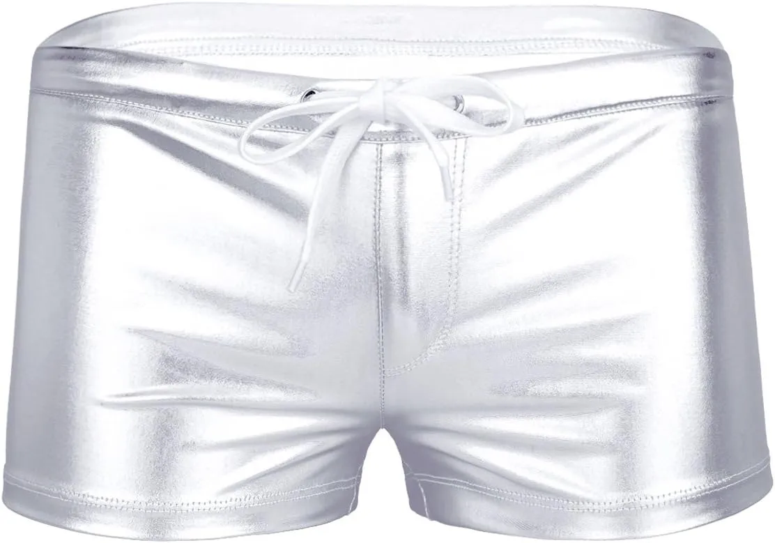 Mufeng Men's Wetlook Metallic Leather Boxer Briefs Drawstring Bikini Underwear Swim Trunks Beachwear